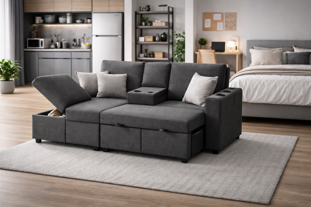 canapé convertible moderne avec coffre de rangement idéal pour studio