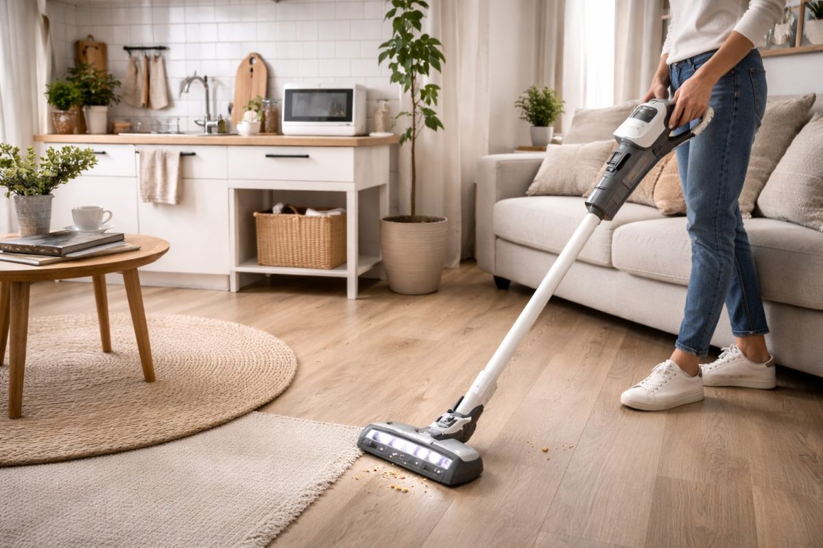 Aspirateur balai sans fil utilisé dans un petit studio pour nettoyer facilement un espace réduit.
