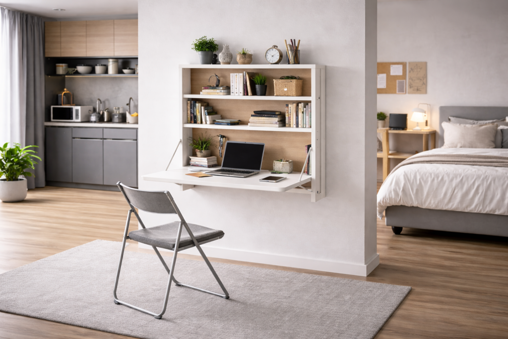 Bureau escamotable mural avec étagères et chaise pliante moderne dans un studio optimisé de petit espace