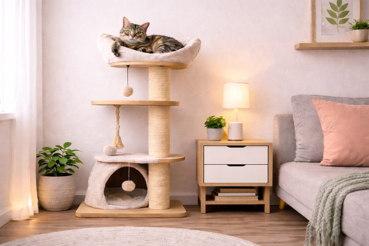 Chat en petit appartement installé sur un arbre à chat compact gain de place dans un coin salon