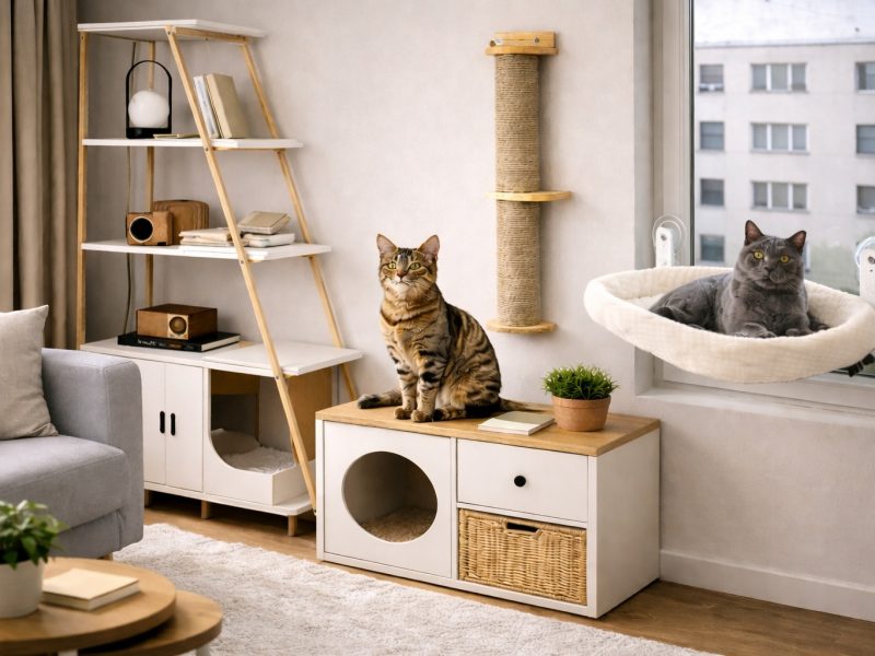 Aménagement pour chat en petit appartement avec meuble litière, griffoir mural et hamac de fenêtre