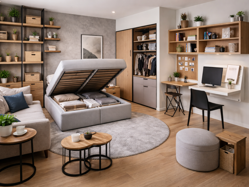 Organisation studio 20m2 avec meubles multifonctions, rangement muraux et lit coffre pour optimiser un petit espace