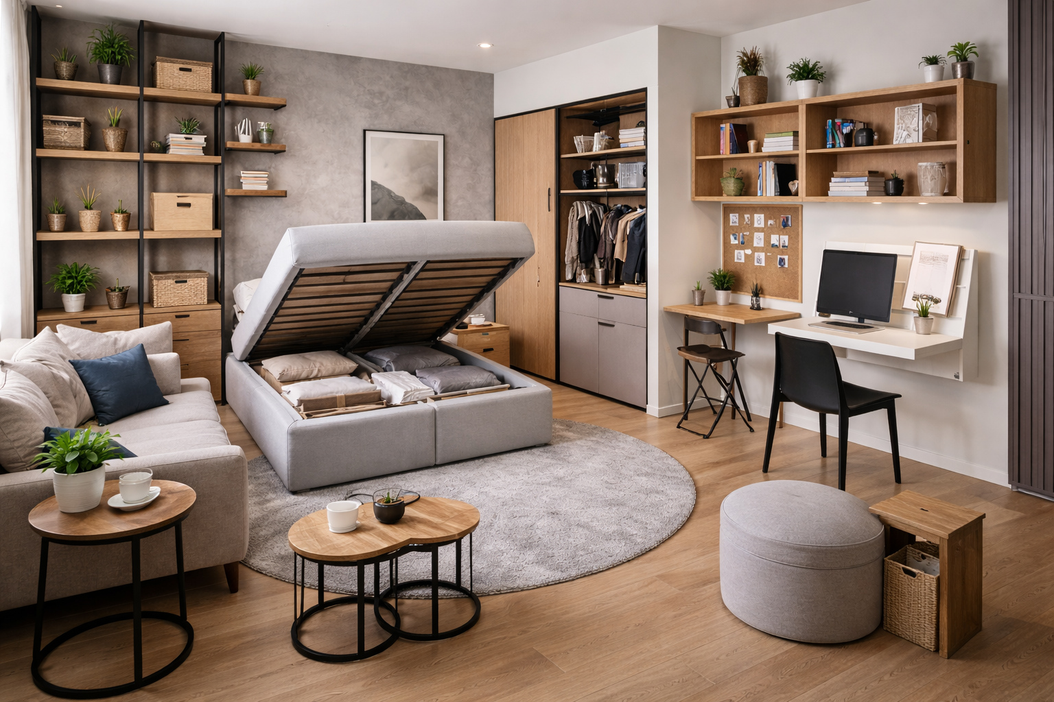 Organisation studio 20m2 avec meubles multifonctions, rangement muraux et lit coffre pour optimiser un petit espace