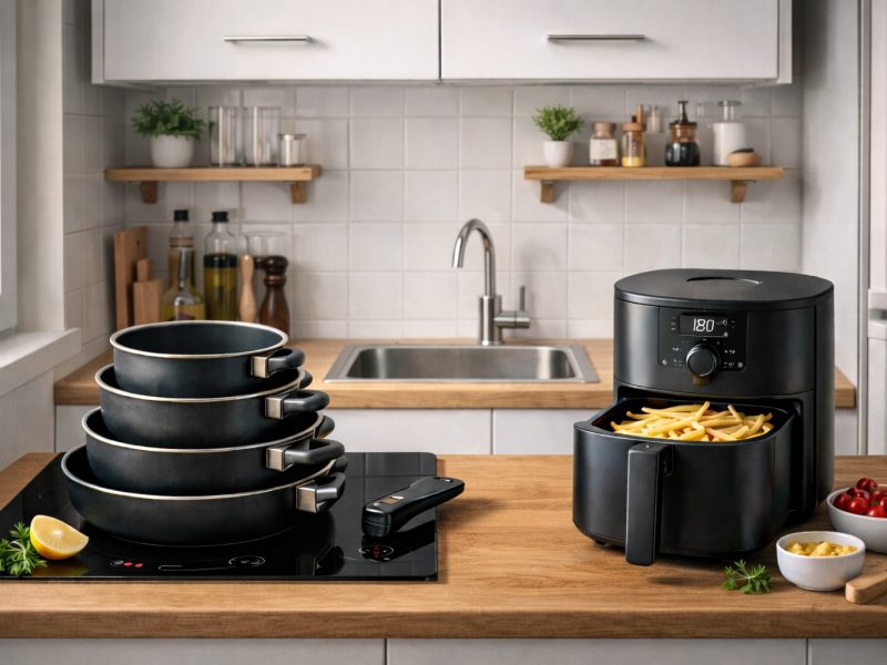 Petite cuisine de studio avec évier central, plaque à induction, lot de poêles et casseroles empilables et airfryer compact sur plan de travail en bois. Equipement de cuisson studio.