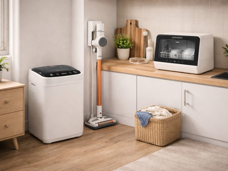 Mini électroménager pour studio : lave-linge compact, lave-vaisselle de petite taille et aspirateur balai dans un petit appartement optimisé.