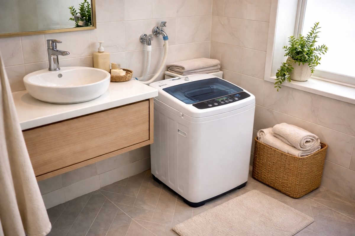 Mini lave-linge studio compact installé dans un petit espace