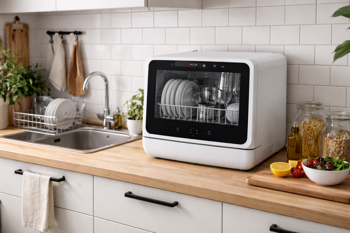 Mini lave-vaisselle compact posé sur plan de travail dans une petite cuisine de studio.