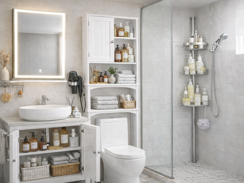 Petite salle de bain optimisée avec meuble sous lavabo, armoire miroir, rangement au-dessus des WC, étagère de douche et support mural pour sèche-cheveux